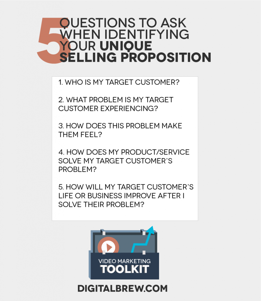 Wondering how to word your unique selling proposition? The first step is asking yourself these 5 questions. Find more helpful tips like this at Digital Brew's Video Marketing Toolkit series, live now on the blog. 