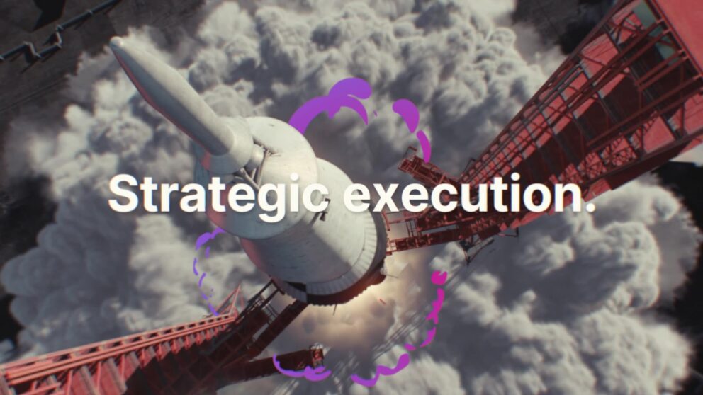 3D-rendered rocket launching from a red platform surrounded by clouds of smoke, with the words “Strategic execution” overlayed, symbolizing Digital Brew’s creative process taking flight.