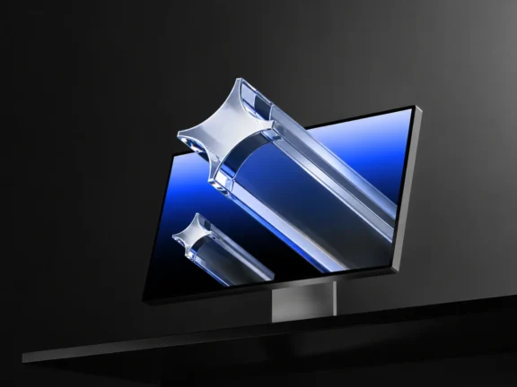 Blue explainer graphic on a studio monitor