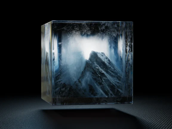 A mountain landscape suspended inside a glass cube