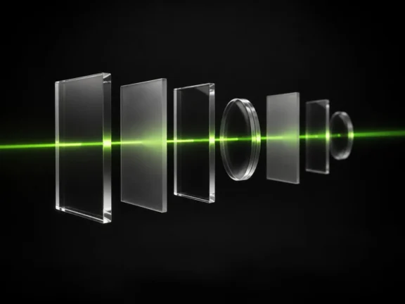 A row of floating glass lenses and panels at different depths, aligned by one bright green beam passing through them.
