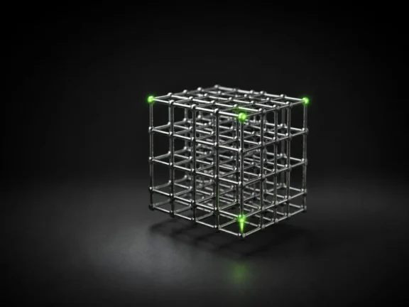 A precise chrome lattice cube in near-darkness with small bright green nodes glowing at several of its intersections.