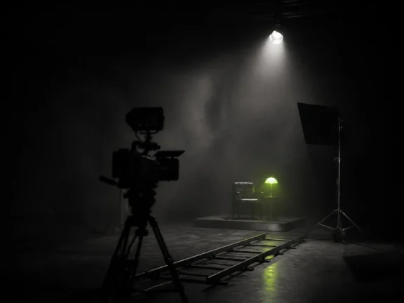 A cinema camera on a dolly track in a hazy dark studio, lit by practical lights with a small green lamp on the set.