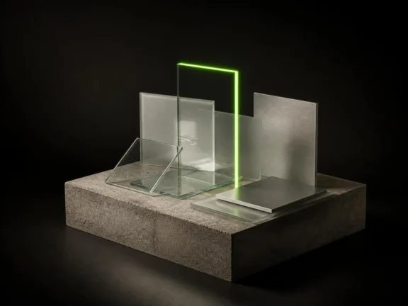 Layered sheets of glass and brushed metal standing mid-assembly on a concrete plinth, one edge lit bright green.